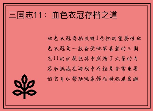 三国志11：血色衣冠存档之道