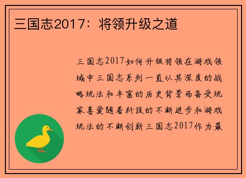 三国志2017：将领升级之道