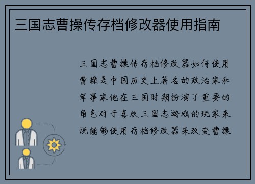 三国志曹操传存档修改器使用指南